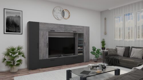 Letti szekrénysor 320 cm széles, polcos és vitrines részekkel és tv állvánnyal